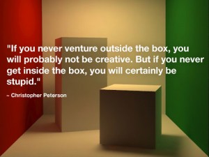If you never venture outside the box, you will probably not be creative. But if you never get inside the box, you will certainly be stupid." Christopher Peterson